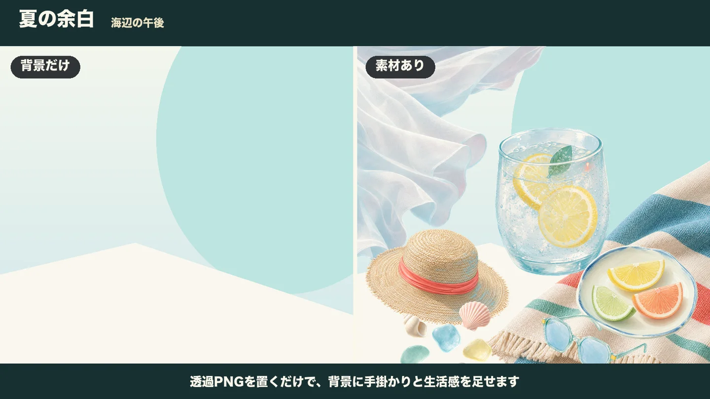 背景だけの画面と夏の余白を重ねた画面の比較