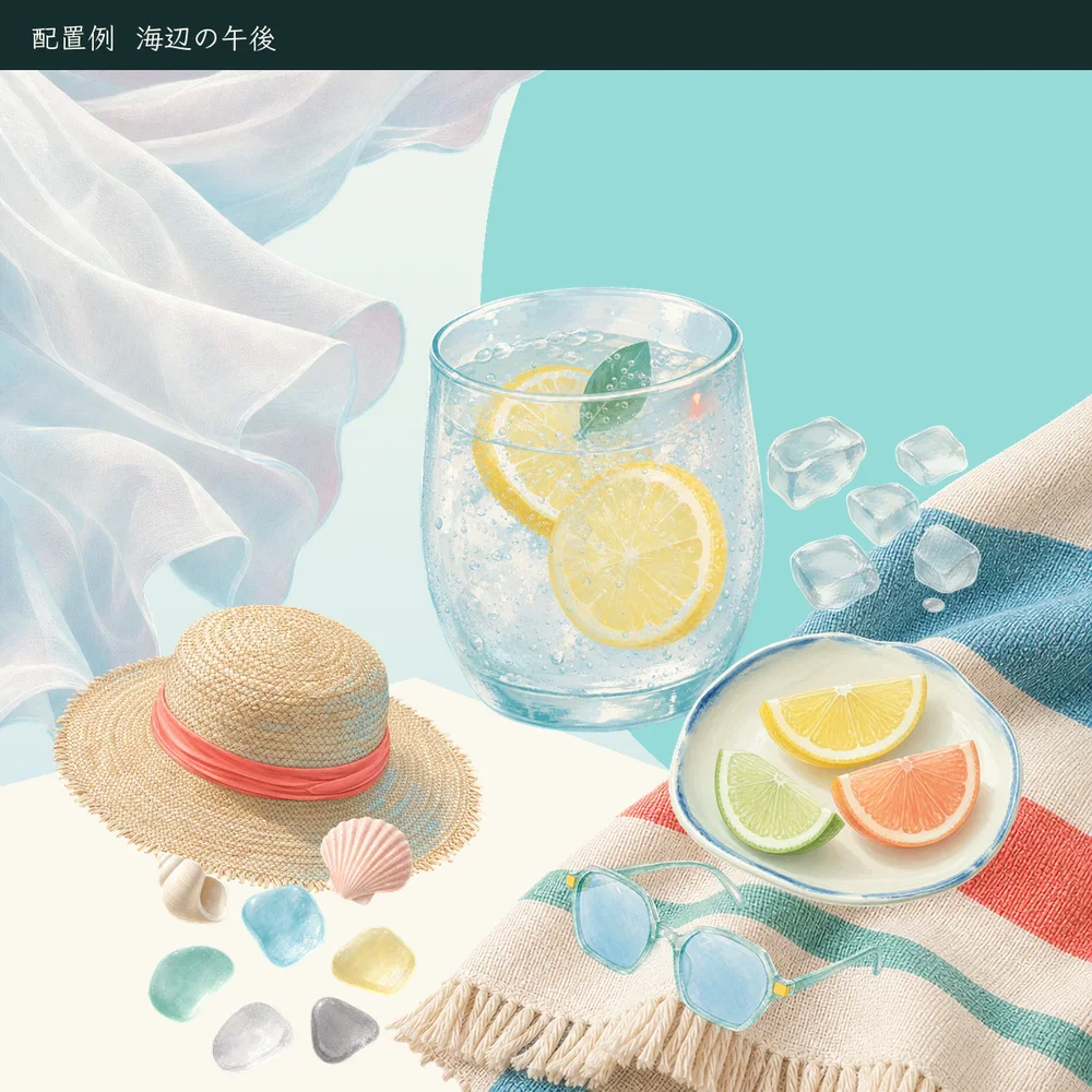 海辺の背景にソーダ、麦わら、薄布、夏光を重ねた使用例